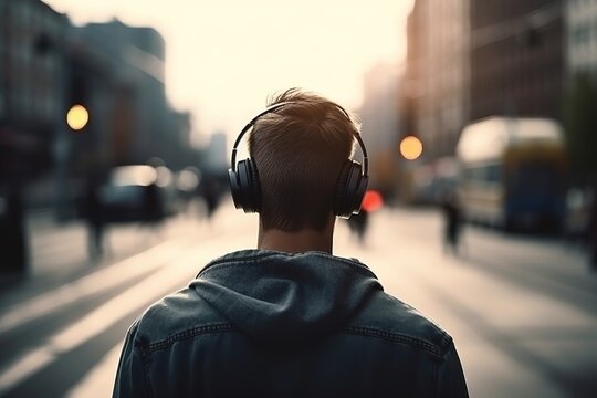 A man listens to music with headphones and looks at city street.