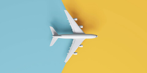 Flat lay design of travel concept with plane on yellow and blue runway.