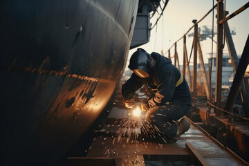 worker welds the metal hull of the ship in the shipyard , Ai generative - obrazy, fototapety, plakaty