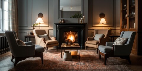 A cozy living room with a roaring fireplace and comfortable armchairs, concept of Relaxation, created with Generative AI technology