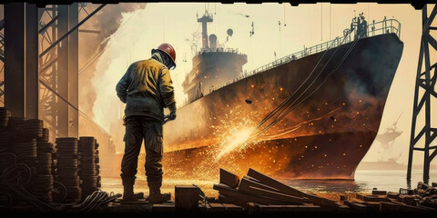 worker welds the metal hull of the ship in the shipyard , Ai generative