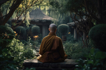Monk meditating in garden. Zen master.