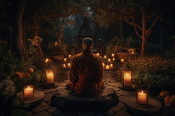 Fototapeta premium Monk meditating in temple with candlelight. Zen mood. Generative AI. 