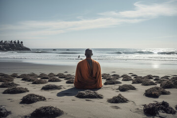 Female monk meditating on a beach. Generative AI.	 - obrazy, fototapety, plakaty