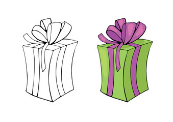 Coloring page with cartoon outline gift with ribbon bow. Children education paint colouring template for book. Vector printable template birthday activity worksheet.
