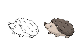 Coloring page with cartoon outline hedgehog. Children education activity page. Paint colouring template for book. Vector drawing worksheet with cute animals.