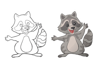 Coloring page with cartoon outline raccoon. Printable education paint colouring template for book. Vector activity drawing worksheet with cute animals.