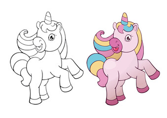 Fototapeta premium Coloring page for book with cartoon outline unicorn. Printable education paint colouring template. Vector activity drawing worksheet with cute hors.