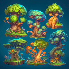 Obraz na płótnie Canvas Set of fantasy colorful trees, isometric isolated. 2d casual game asset, juicy colors. Differents shapes and colors. Mobile game assets made with Generative AI