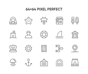 Beach in summer thin line icons