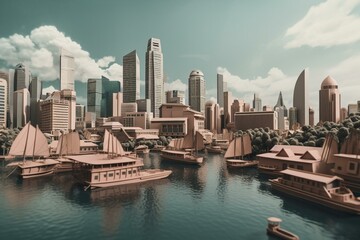 Singapore cityscape with bay and boat in paper art style. Generative AI