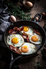A skillet with eggs and bacon cooking in it. Fried, and crispy breakfast. The frying pan is on a dark wooden surface.generative ai