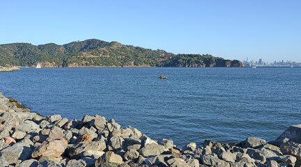 Coastline of Tiburon city against background of San Francisco. California, United States