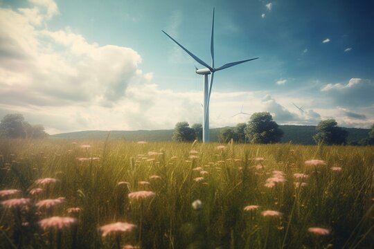 Watercolor painting of wind turbine in summer field. Generative AI