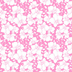 seamless pattern of large white silhouettes of orchids on a pink background, texture, design