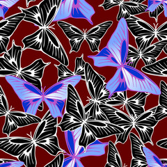 seamless pattern of blue-black butterflies on a burgundy background, texture, design