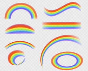 Different rainbow light shapes isolated. Refractions set, leak flare overlay, rainbow sunlight effect