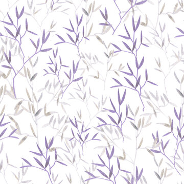 Hand drawn painted watercolor ornament with grey, violet wild meadow plants. Aquarelle seamless summer botanical pattern on white backgound. Element for print © Sunny_Smile
