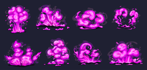 Pink fire explosion ui animation sprite vector set. Cartoon magic hit effect animated kit. Boom clouds and smoke elements for ui game. Atomic comics detonators for mobile animation © SERHII