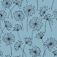 Obraz premium Hand drawn painted botanical seamless pattern with black line art dandelion. Floral minimalistic light blue background with spring summer flowers.