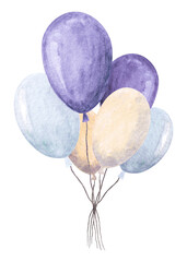 Group of watercolor hand drawn balloons in different colors, violet, yellow, blue.Aquarelle web element.Isolated.