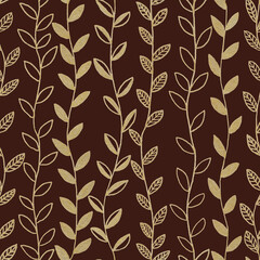 Hand drawn golden line art seamless pattern botanical vertical hanging tree branches, plants with different leaves as floral background.On brown backdrop.
