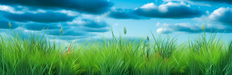 Obraz premium a green grassy background with clear blue skies. Generative Ai. 