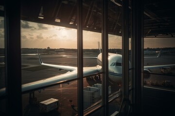 Fototapeta na wymiar Aircraft departing from airport view through window. Generative AI