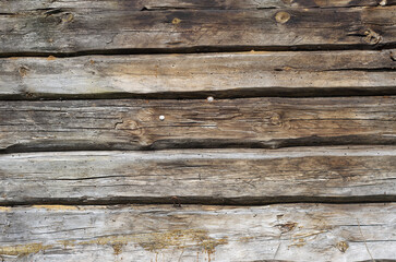 wall of an ancient wooden house. old gray beam.