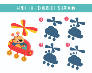Find correct shadow. Educational puzzle game for children. Cute robot tiger in space helicopter  in cartoon style. Color vector illustration.