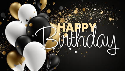 Happy birthday or anniversary background with message, black, golden and white balloons and confetti generative ai