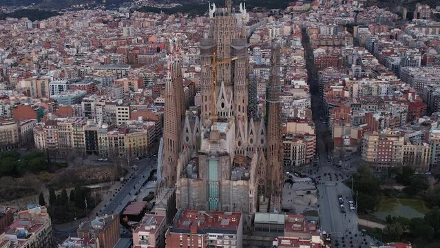  Aerial of Barcelona on a sunny morning in early spring.