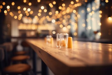 Blurred cafe bar/restaurant with empty wooden table & abstract bokeh lights background. Front view. Product space available. Generative AI