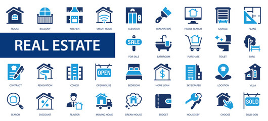 Real estate icons set. Set Real estate flat icons collection. Rent, building, agent, house, auction, realtor, property, mortgage, home and more. - obrazy, fototapety, plakaty