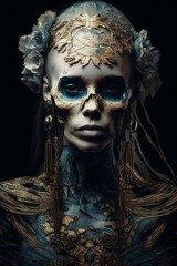Fantasy skull make up woman portrait. Concept of beauty, death and Halloween. Generative AI painting