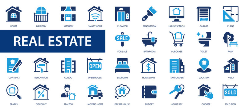 Real estate icons set. Set Real estate flat icons collection. Rent, building, agent, house, auction, realtor, property, mortgage, home and more.