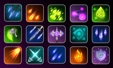 RPG game icon. Fantasy game icons of magic spells and skills. Game interface elements. Vector illustration EPS10. Skill icons