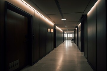 An unoccupied hallway leading to offices, dimly lit. Generative AI