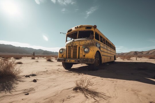 Image of deserted yellow school bus in arid landscape. Generative AI