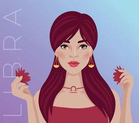 Vector illustration of the zodiac symbol Libra. Illustration of the astrological sign as a beautiful girl.