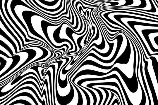 Backdrop Hypnotic Illusion with Liquid Black and White Color. Optical Psychedelic Swirl with Monochrome Fluid Flow. Abstract Design Op Hypnosis. Vector Illustration.