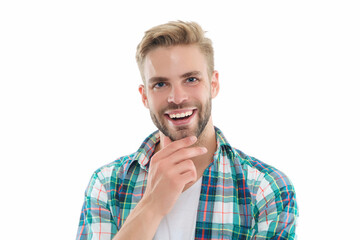 photo of cheerful millennial guy wearing checkered shirt. millennial guy isolated on white.