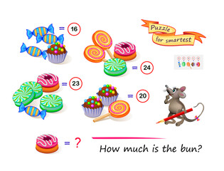 Mathematical logic puzzle game for smartest. How much is the bun? Solve examples and write the number. Find solution for all sweets. Brain teaser book. Count and play. Online education. Vector image. - obrazy, fototapety, plakaty