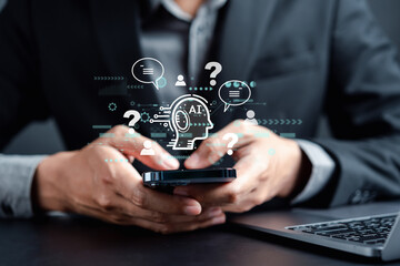 Businessman using chat bot intelligence on smartphone. Ai Technology System. Chat Question and answer with AI Artificial Intelligence, developed by OpenAI generate. Futuristic technology.