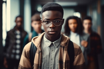 Portrait of african student wearing spectacles standing in library. AI