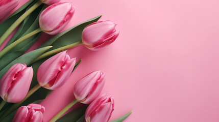 Bouquet of pink tulips on pink background. Mothers day, Valentines Day, Birthday celebration concept. greeting card. Copy space for text, top view. ai generative
