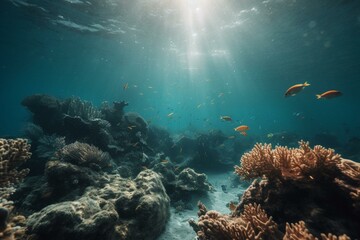 Fototapeta na wymiar Beautiful underwater scene with fish, coral reef, and clear blue water. Generative AI
