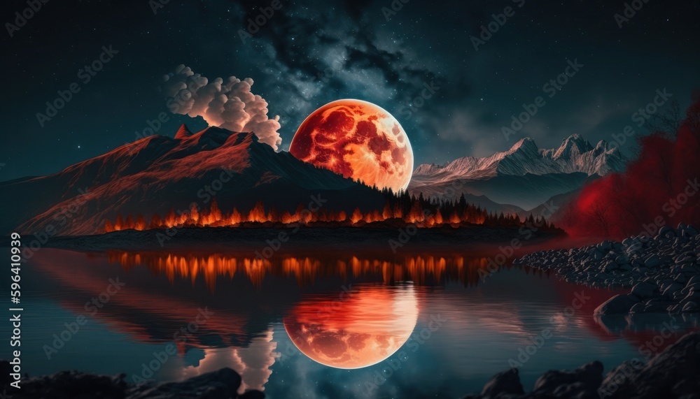 Wall mural landscape with blood moon or red moon and clouds generative ai