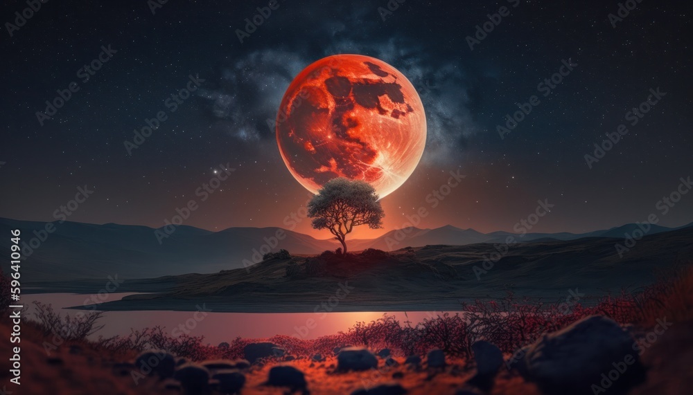Wall mural landscape with blood moon or red moon and clouds generative ai