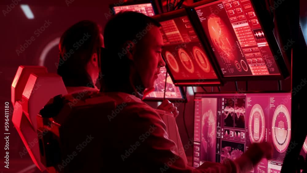 Wall mural team of astronauts in a space suits aboard the mars station. a crew of cosmonauts piloting the space